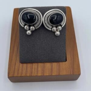 1990s ATI Mexico Onyx Earrings Vintage 925 Solid Sterling Silver Studs Artisan